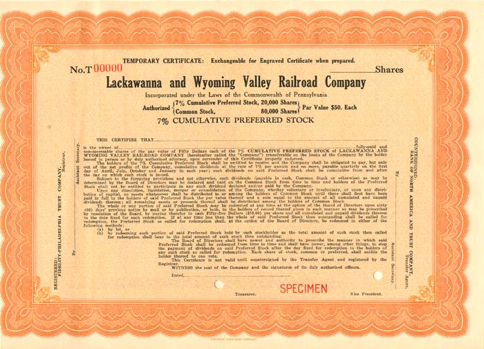 Lackawanna and Wyoming Valley Railroad Co. - Specimen Certificate